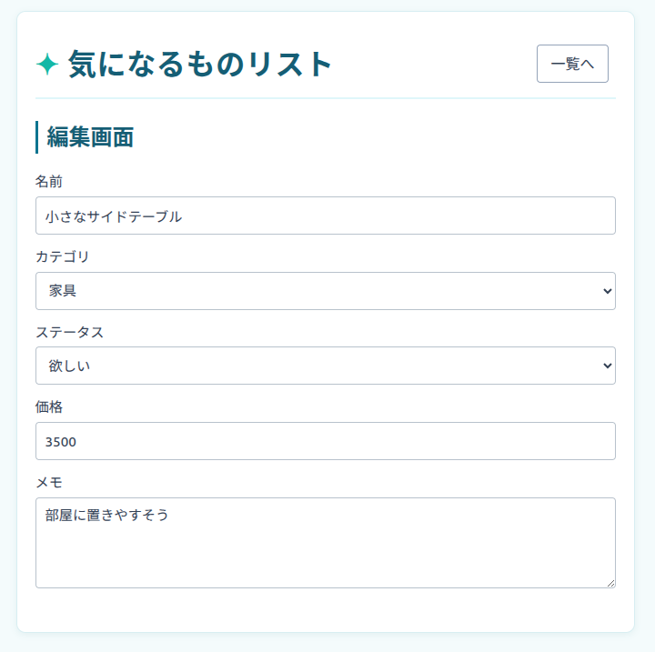 一覧から選んだデータが入力された編集画面